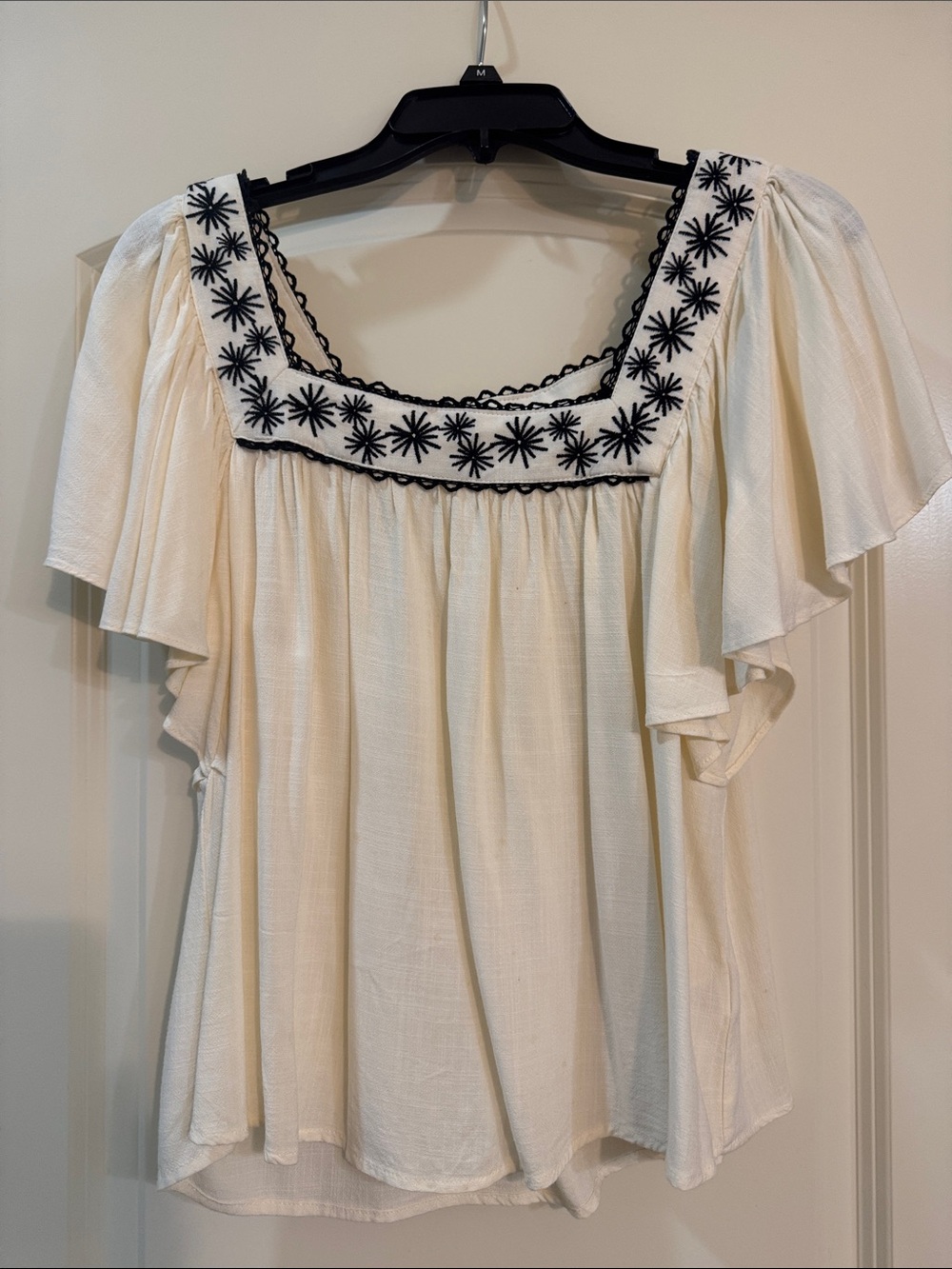 Cream Square-Neck Embroidered Flutter-Sleeve Blouse